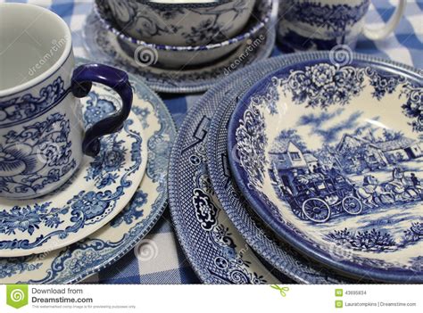 Collection Of Blue And White China Dishes Stock Photo
