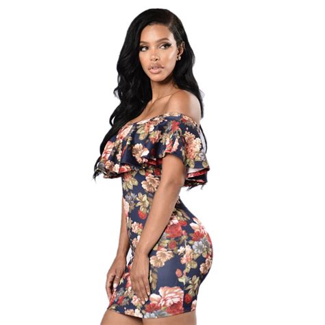 Womens Sexy Florals Printed Mini Dress 2017 Summer Ladies Off Shoulder Ruffles Clubwear Bandage