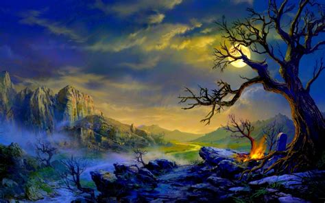 Download Moon Tree Fantasy Landscape Hd Wallpaper