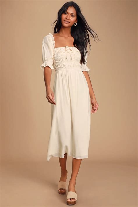 Nahanni Cream Puff Sleeve Smocked Midi Dress Little White Dresses