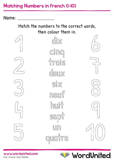 French Numbers Matching Worksheet