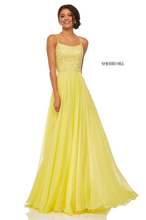 sherri hill 52591 chiffon gown with beaded lace up back prom dresses yellow dresses sherri