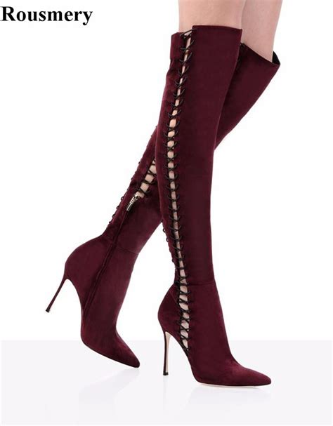 New Fashion Women Spring Pointed Toe Cut Out Knee High Gladiator Boots Slim Style Gladiator