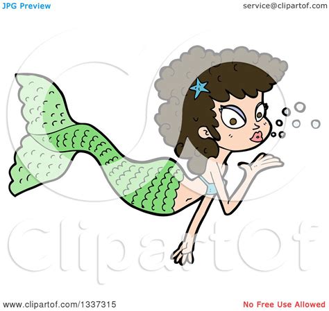 Clipart Of A Cartoon Brunette White Mermaid Blowing A Kiss 2 Royalty