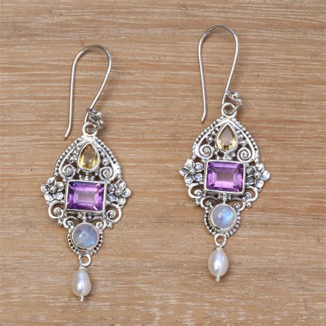 Multi Gemstone And Ornate Sterling Silver Dangle Earrings Intricate