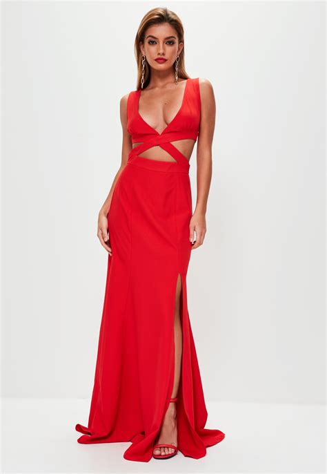 Lyst Missguided Red Crepe Cut Out Waist Fishtail Maxi Dress In Red