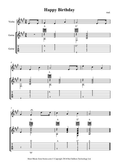 Happy Birthday To You Sheet Music For Violin Guitar Duet