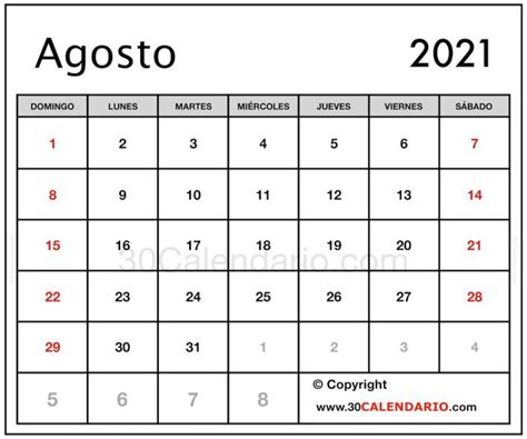 Blanco Calendario Agosto 2021 Con Feriados Y Feriados Para Imprimir