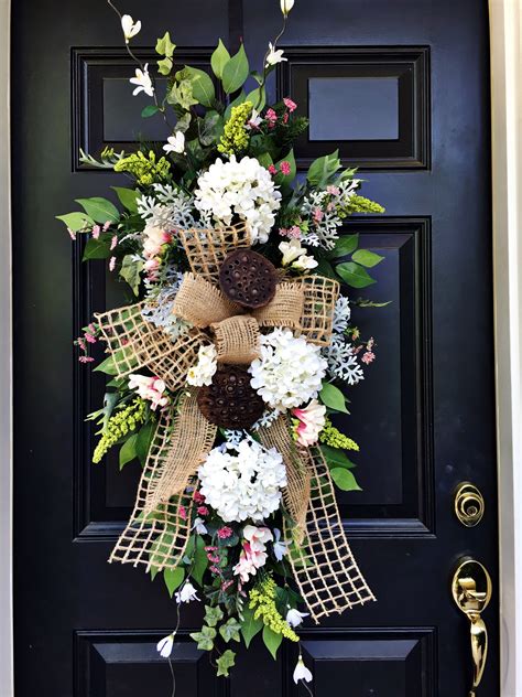 Door Swag With White Hydrangeas Dried Pods Filler Wreath Decor