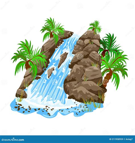 Waterfall In Jungle Isolated On White Background Waterfall And Palm