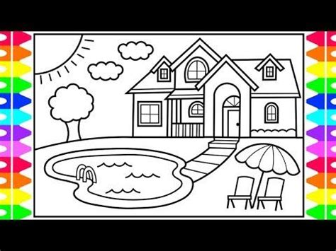 How to draw house easy. How to Draw a House with a Pool for Kids 💚💙💜 House with ...