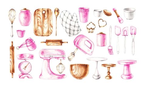 Premium Photo Watercolor Set Of Pink Baking Tools