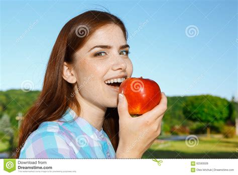 Beautiful Girl Eating Apple In The Park Stock Image Image Of Fruit Pleasure 62593509