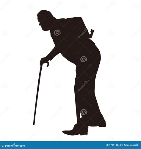 Old Man Using Cane Walking Stick Silhouette Stock Illustration