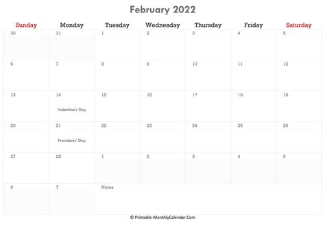 February 2022 Calendar Printable With Holidays