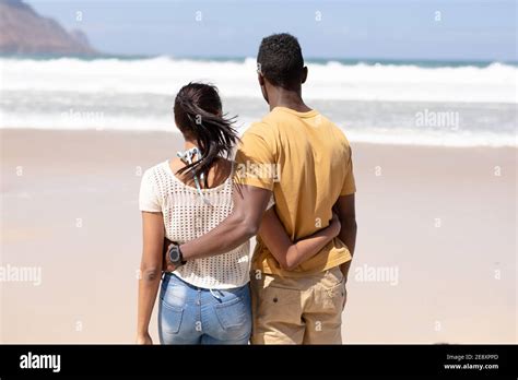 Vue Arrière Dun Couple Afro Américain Qui Sembrasse Sur Une Plage Vue