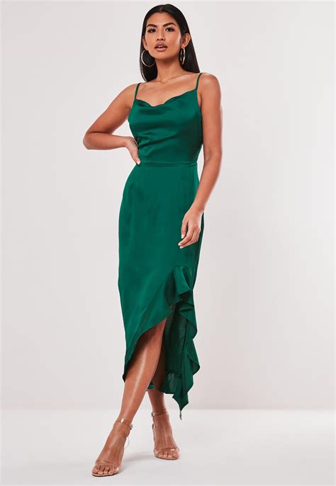 Deep Green Satin Ruffle Side Cami Midi Dress In 2020 Cami Midi Dress