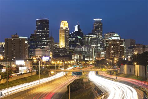 Minneapolis Skyline With Car Light Trails At Night Lindstrom
