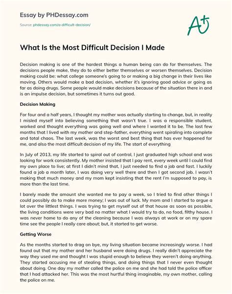 What Is The Most Difficult Decision I Made Narrative And Creative Essay