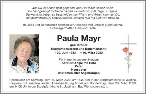 Traueranzeigen Von Paula Mayr Augsburger Allgemeine Zeitung