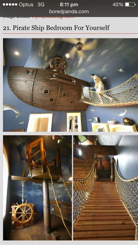 It comprises of a ship, a jail cell, rope bridges, as well as a rope extending to the closet area. Pirate ship cubby inside | Dream house ideas bedrooms ...
