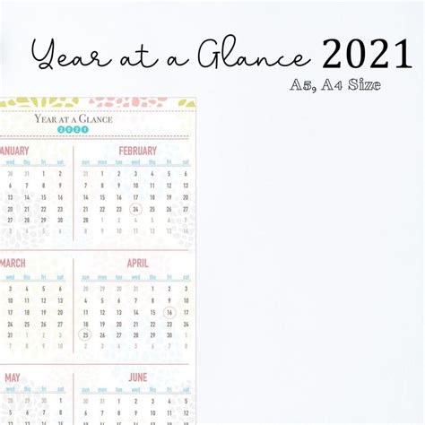 2021 Printable Calendar Year At A Glance 2021 Calendar Etsy Example