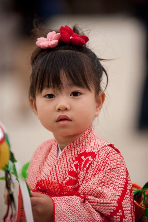 Little Japanese Girl Wearing Shibori Furisode Type Childs Kimono