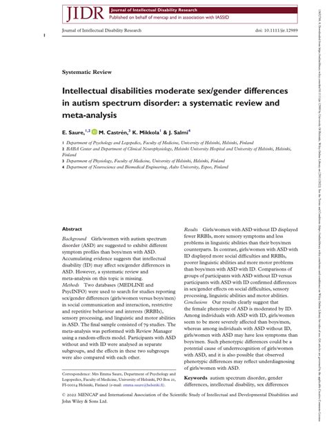 Pdf Intellectual Disabilities Moderate Sexgender Differences In Autism Spectrum Disorder A