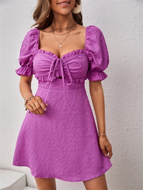 shein vcay sweetheart neck puff sleeve frill trim knot front dress shein uk
