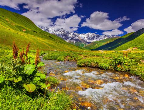 Scenery Mountains Stream Grass Clouds Nature Wallpaper 5000x3814