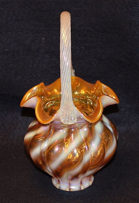 Fenton Amber Opalescent Spiral Basket Carnival Glass Opalescent Vintage Glassware