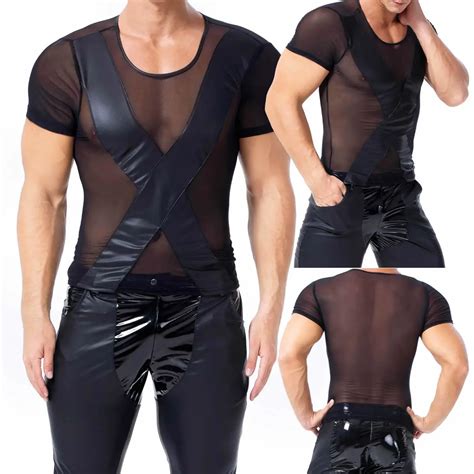 Man S Undershirts PU Leather Mesh Patchwork Shorts Sleeve T Shrits See