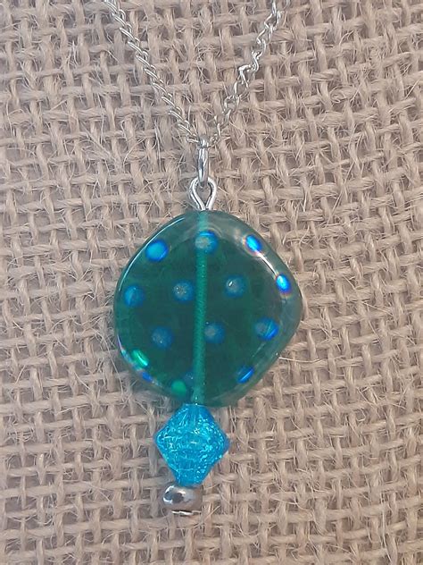 Aqua Blue Polka Dotted Pendant Necklace With Lampwork Glass Etsy