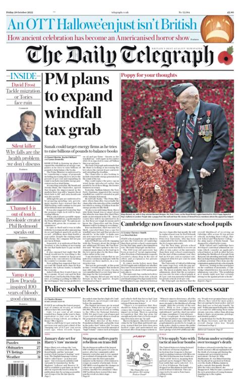 Daily Telegraph Front Page 28th Of October 2022 Tomorrow S Papers Today