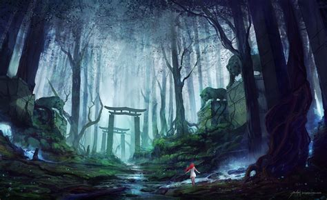 Wallpaper Trees Forest Redhead Anime Girls Jungle Swamp