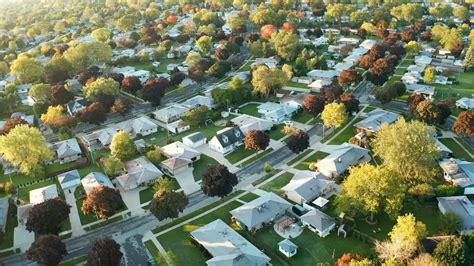 Aerial View Of Residential Houses At Autumn October American Neighborhood Suburb Real