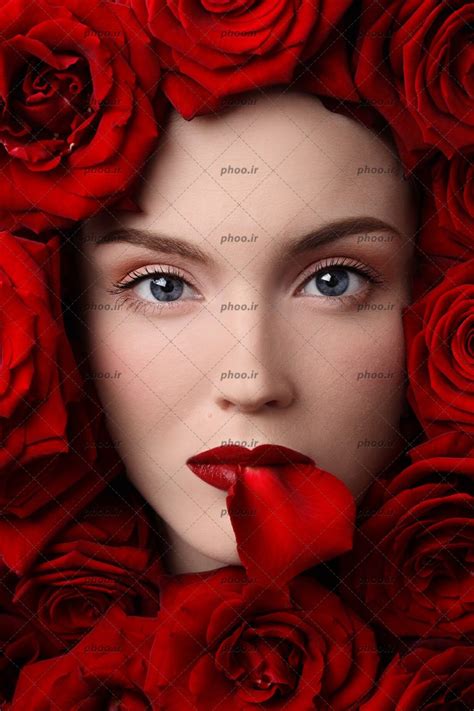 عکس دختر زیبا با آرایش و گل های سرخ اطرف صورت و یک گل برگ بر دهان عکس با کیفیت و تصاویر استوک