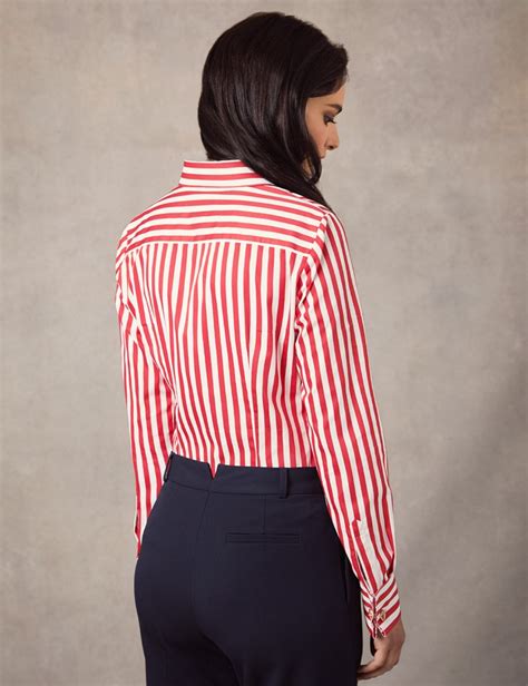 Womens Red And White Bengal Stripe Fitted Shirt Double Cuff Hawes