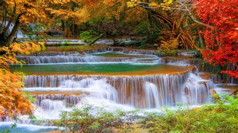Waterfall Between Autumn Trees With Autumn Red And Yellow Leaves In