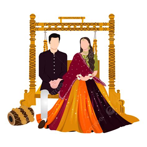 Indian Wedding Clipart Containing Bride And Groom Wearing Yellow Colour Mehendi Outfits With
