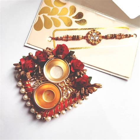 Mancloem Rakhi Pooja Thalis Mini Golden Metal Pooja Thali With Pearl