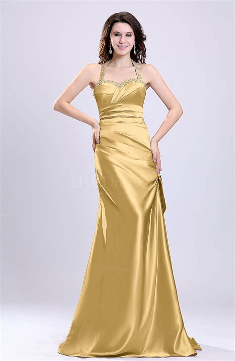 Gold Sexy A Line Sleeveless Backless Silk Like Satin Evening Dresses