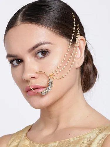 Priyaasi Traditional Gold Plated American Diamond Nose Ringnath With 3 Pearl Chain At Rs 216