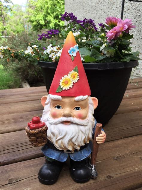Solar Garden Gnome Statue Holds Basket Of Apples Fellow Yard Ornament