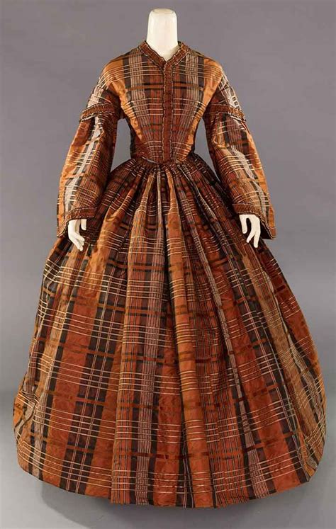 Sold At Auction Brown And Black Plaid Silk Day Dress Early 1850s