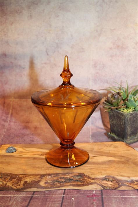 Vintage Amber Glass 2 Piece Covered Candy Dish 9 1950 Etsy