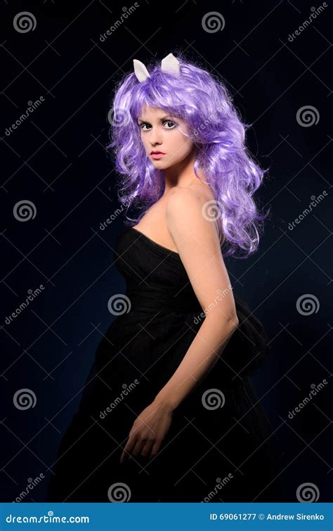 cosplay woman in black dress and purple wig stock image image of ears dark 69061277