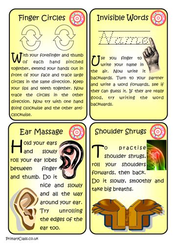 Brain gym exercises are activities that improve memory, learning ability, and attention in kids and adults. 15 Brain Gym Cards | Teaching Resources | Brain gym, Brain ...