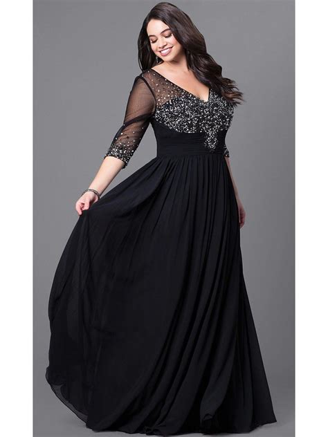 A Line 3 4 Length Sleeves V Neck Beaded Long Black Plus Size Prom Evening Dresses 99502017