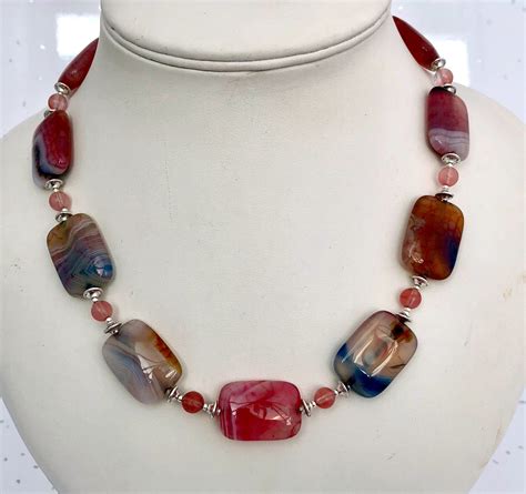 Pink Agate Necklace Multicoloured Beaded Necklace Bold Statement